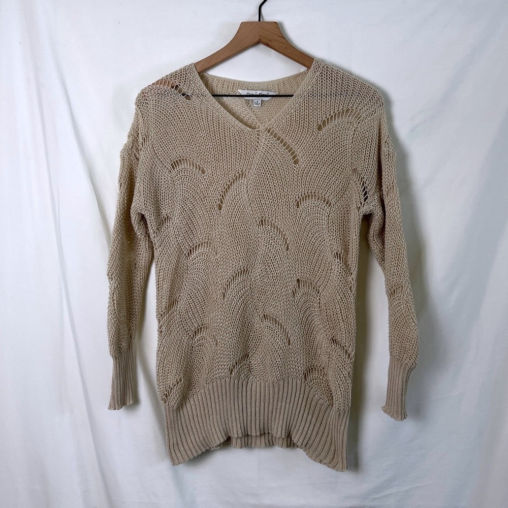 Davi & Dani Womens Open Knit V-Neck Sweater Beige Size S Boho Coastal Grandma